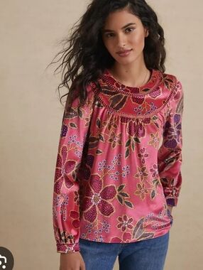 FARM Anthropology Pink Floral Embroidered Yoke Blouse Small